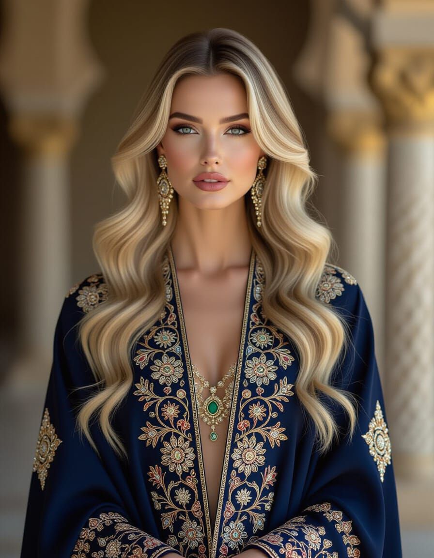 Majestic Blonde Woman in Luxurious Modern Abaya