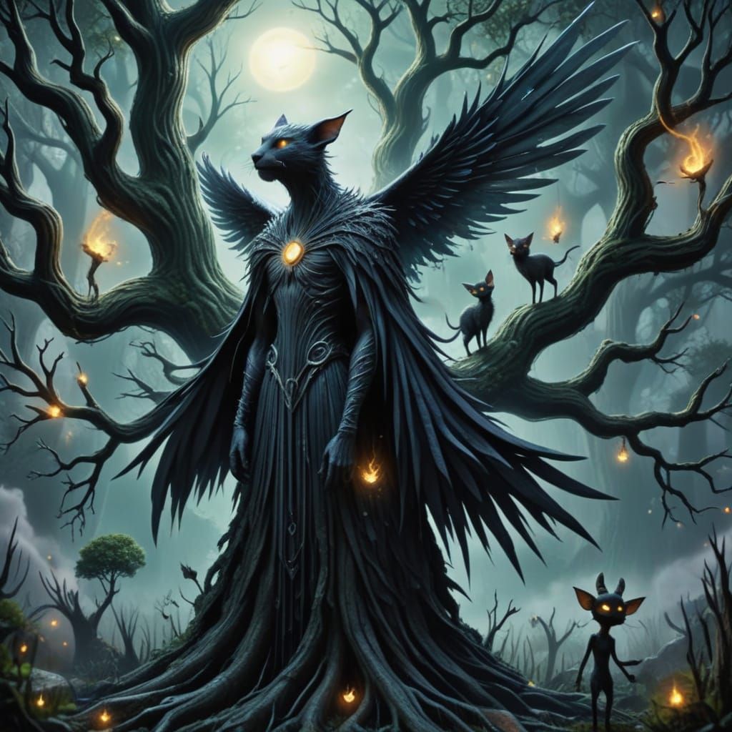 An enormous mystical tree with magic, wild fey,  chibi  neko...