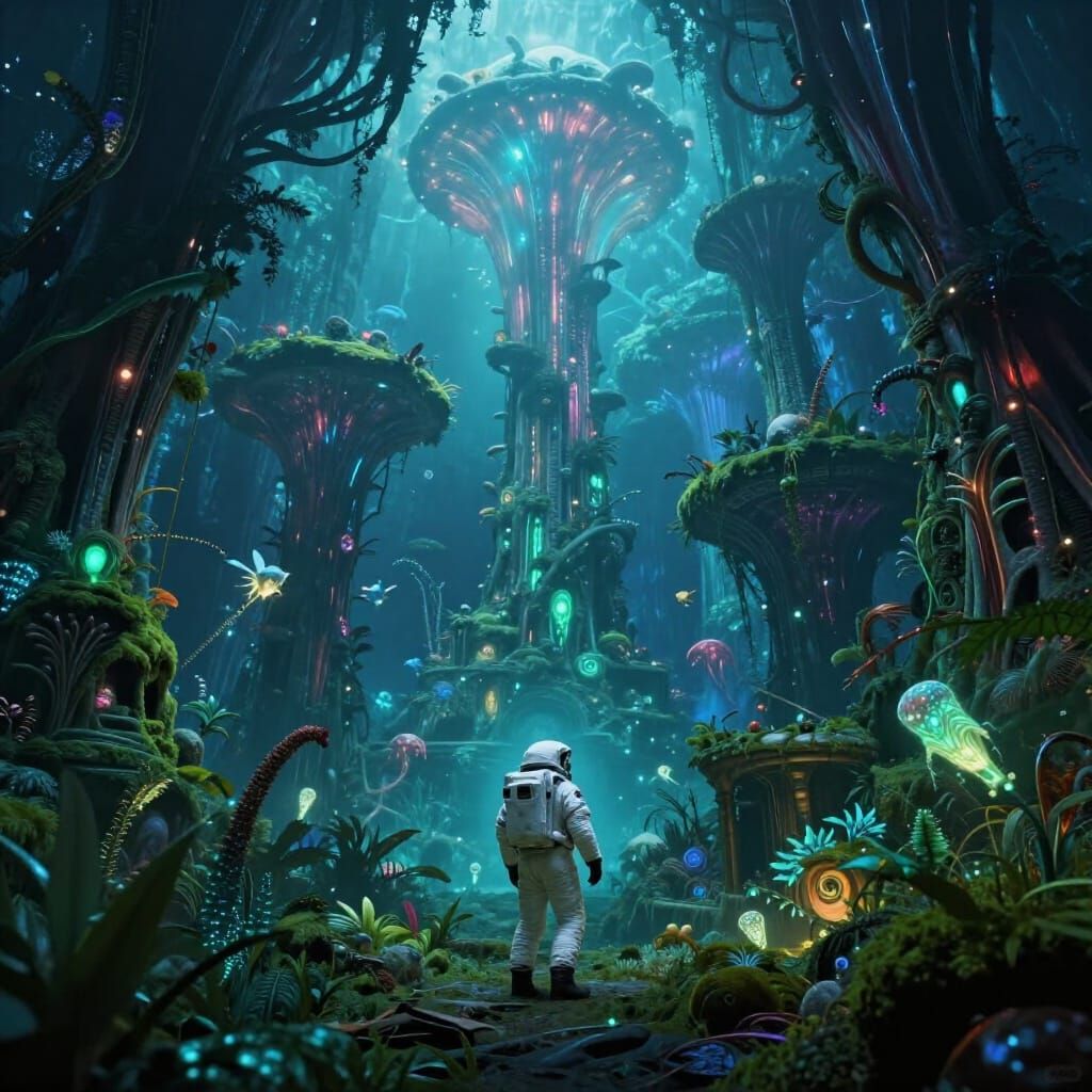 Astronaut Explores Glowing Alien Jungle with Ancient Ruins