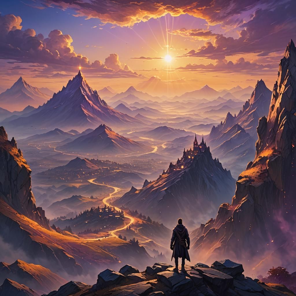 Majestic Sunset Fantasy Landscape in Oil Painting Style