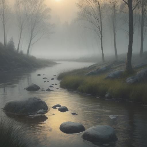 Serene Riverside Scene in Golden Hour Light