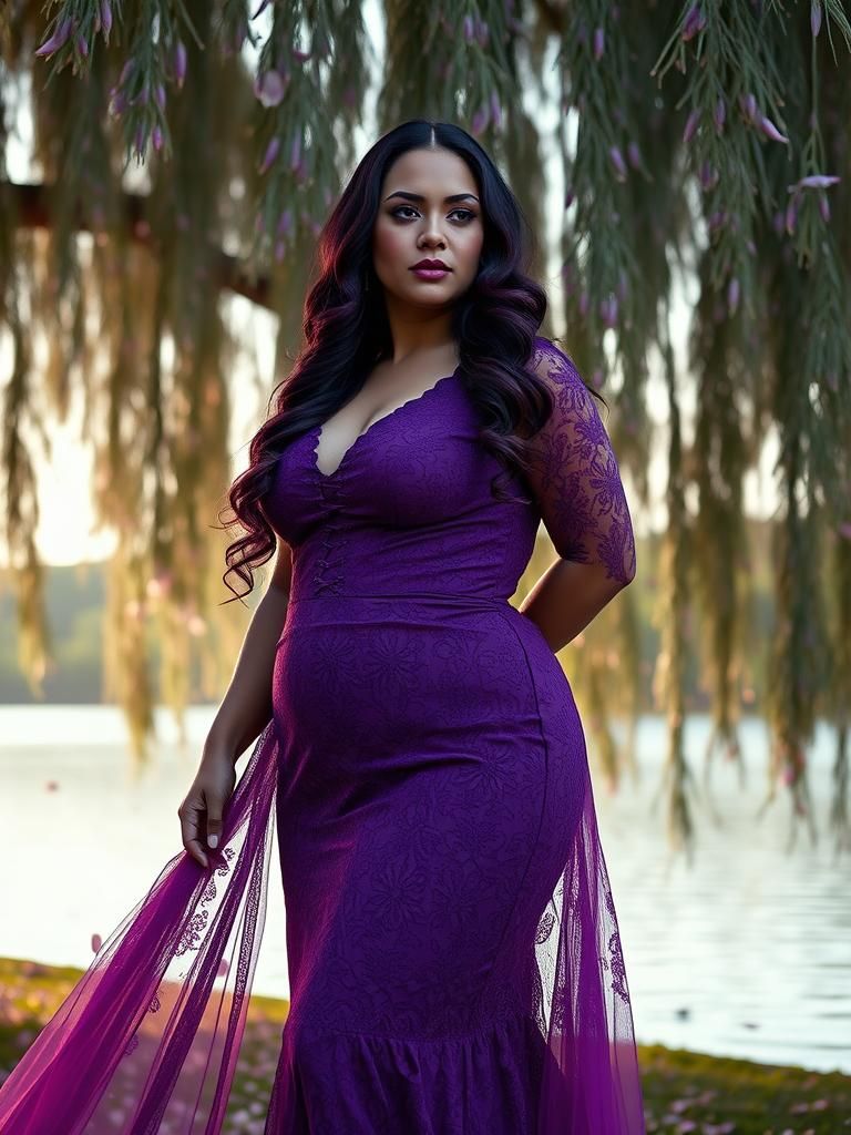 Luminous Woman in Purple Dress by Lakeside