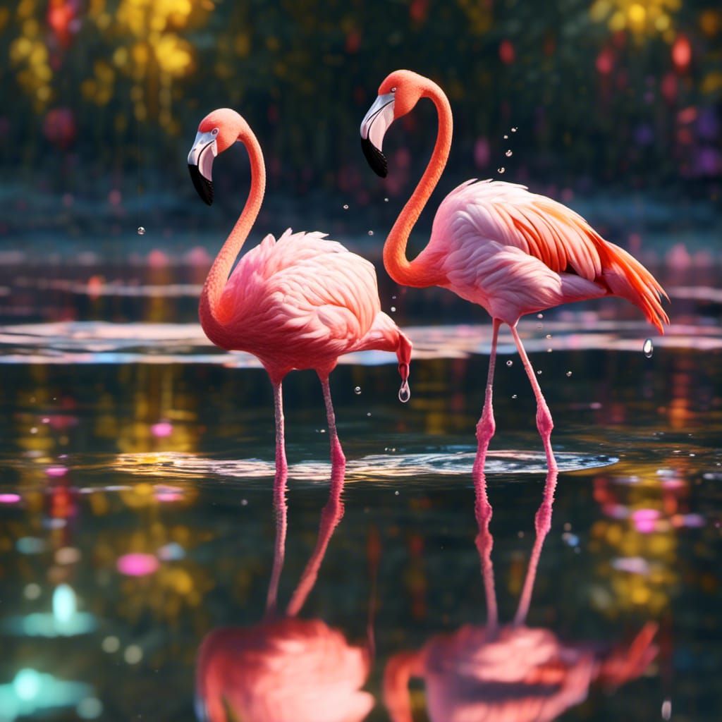 Pink Flamingos Reflect in Hyperrealistic Splash Art