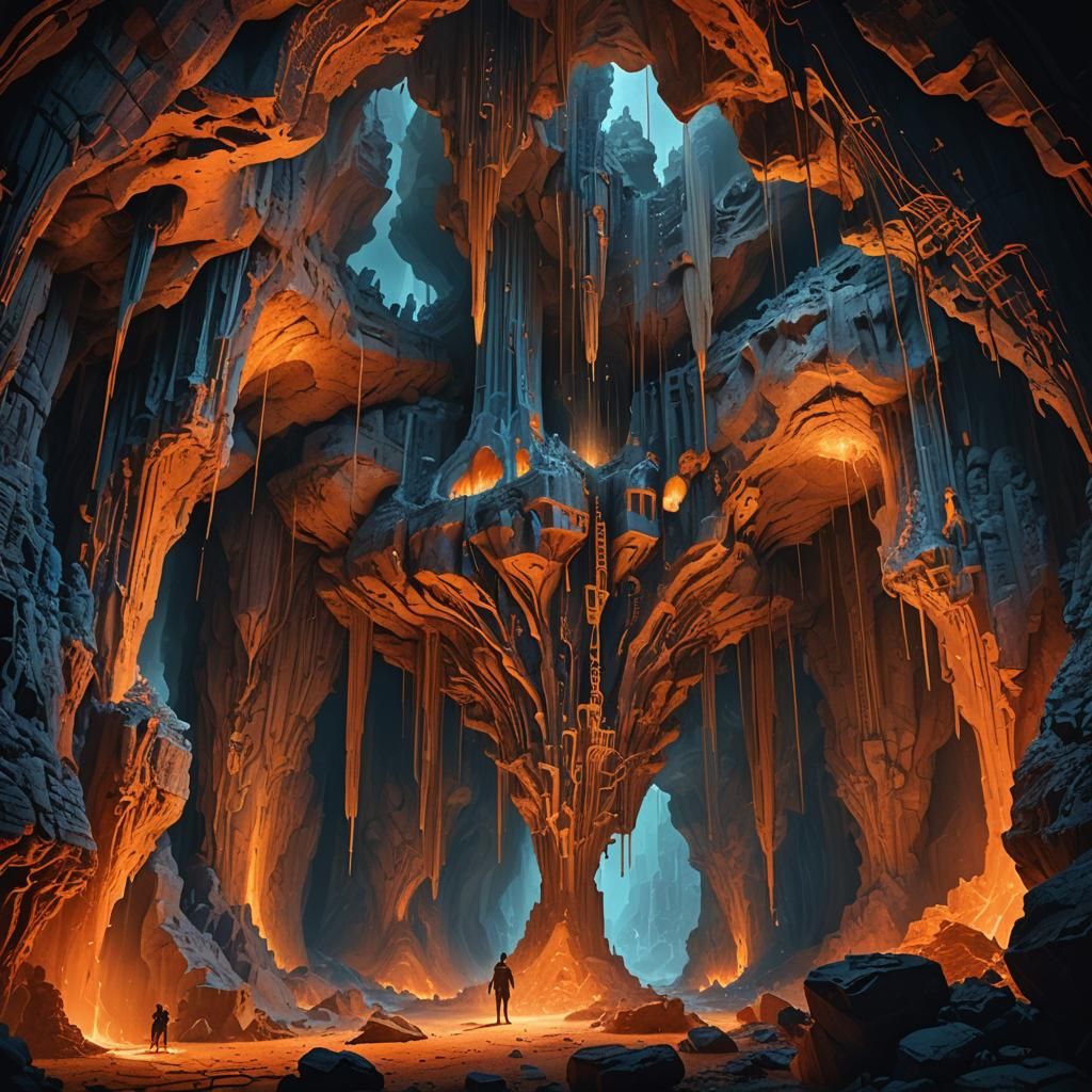 Mystical Cavern Scene with Anatomical Structure