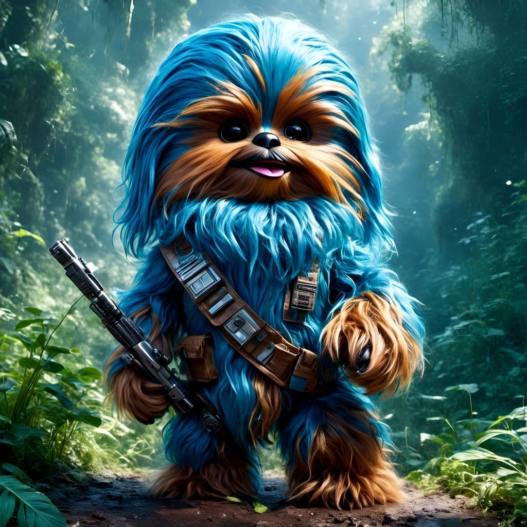 Adorable Chibi Blue Chewbacca Portrait in Graffiti Style