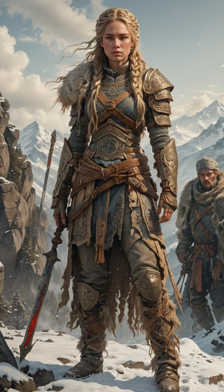 Blond Warrior in Winter Mountain Landscape