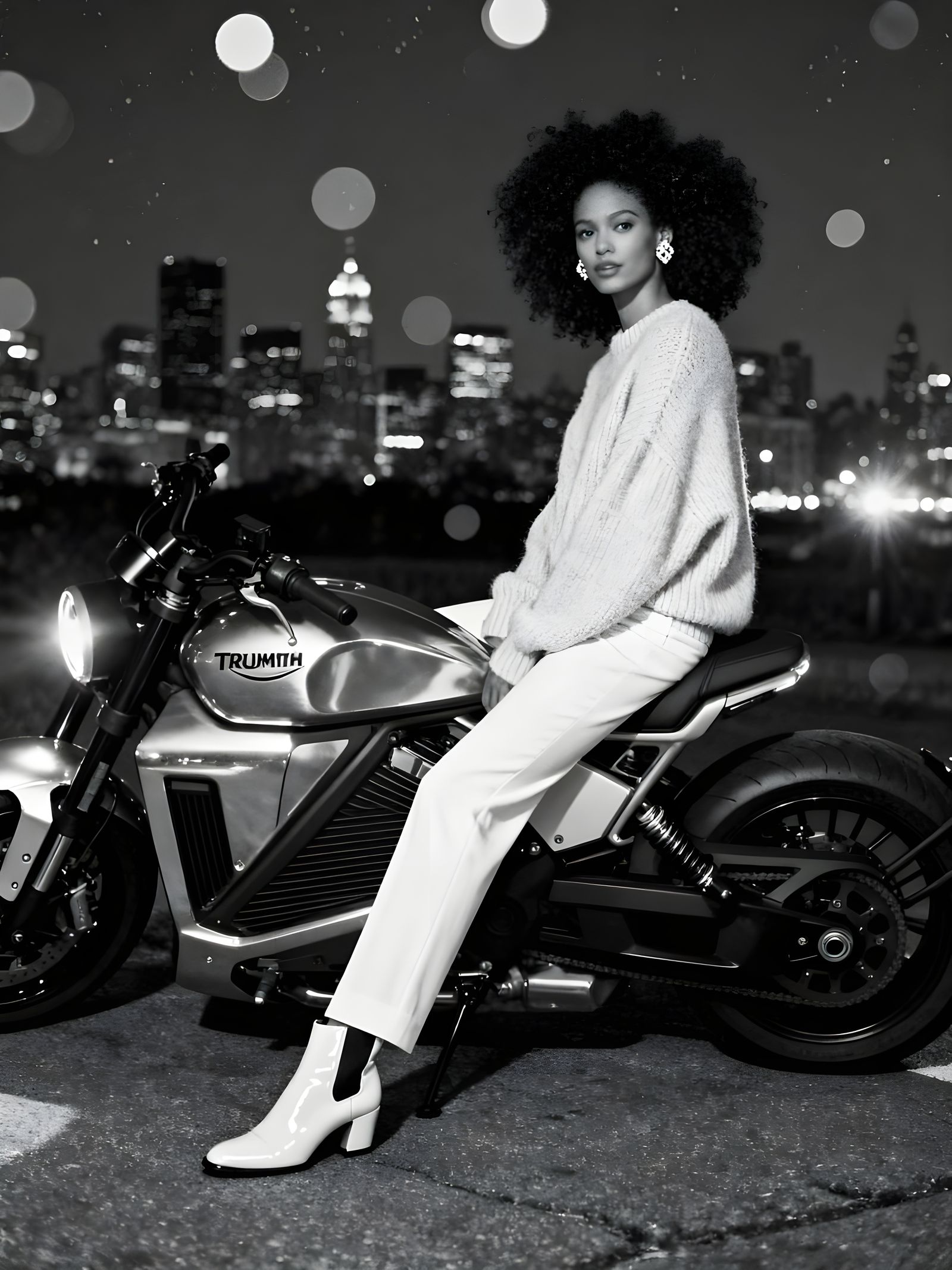Whitney Houston on Triumph Motorcycle, Cinematic B&W