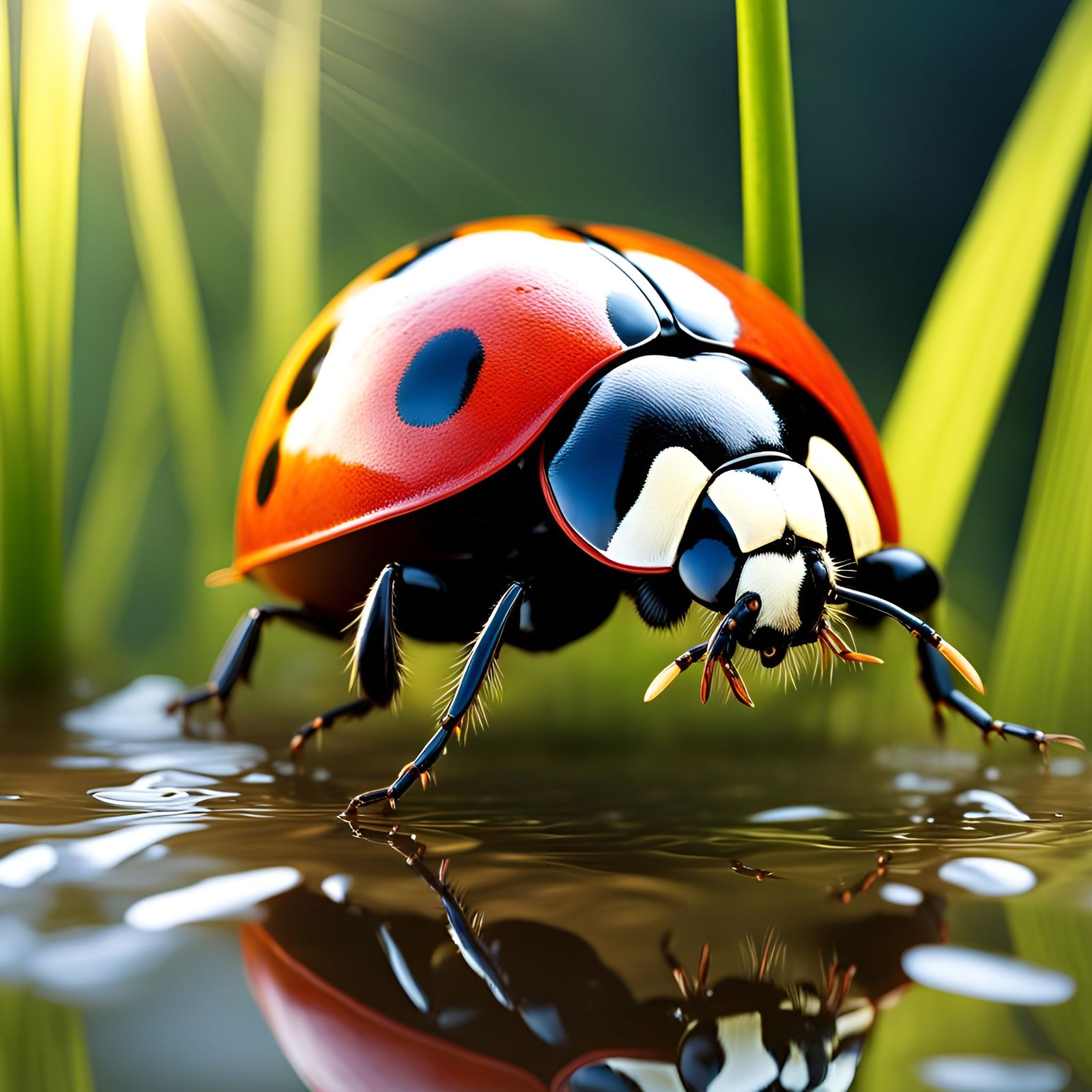 Ladybug Drinks from Pond: Hyperrealistic Splash Art