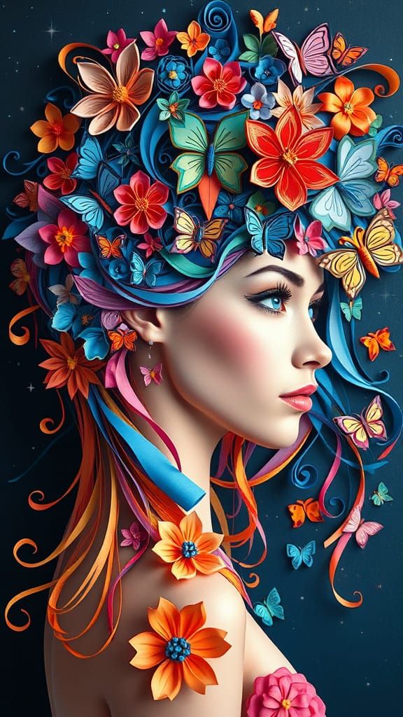Paper Quilling Portrait with Floral and Butterfly Details