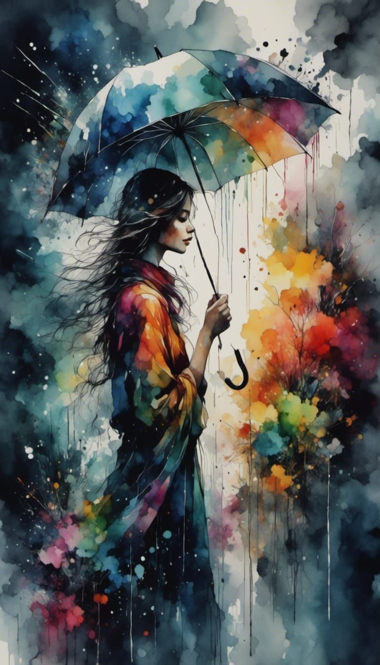 Attractive Woman in Rain with Digital Ink Effects