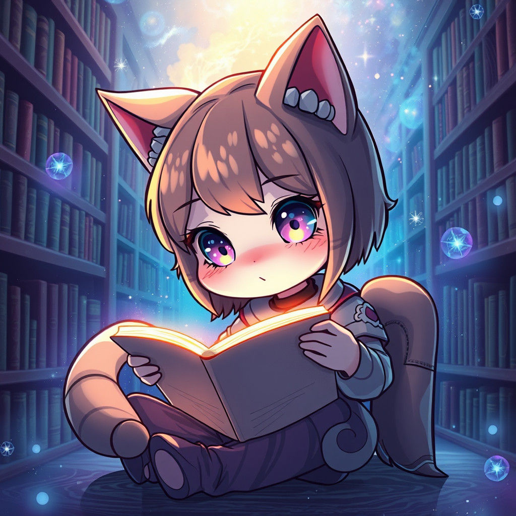 Chibi Cat Girl Reads in Cosmic Library
