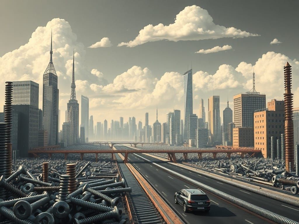 Surreal Constructivist Metal Cityscape of Screws