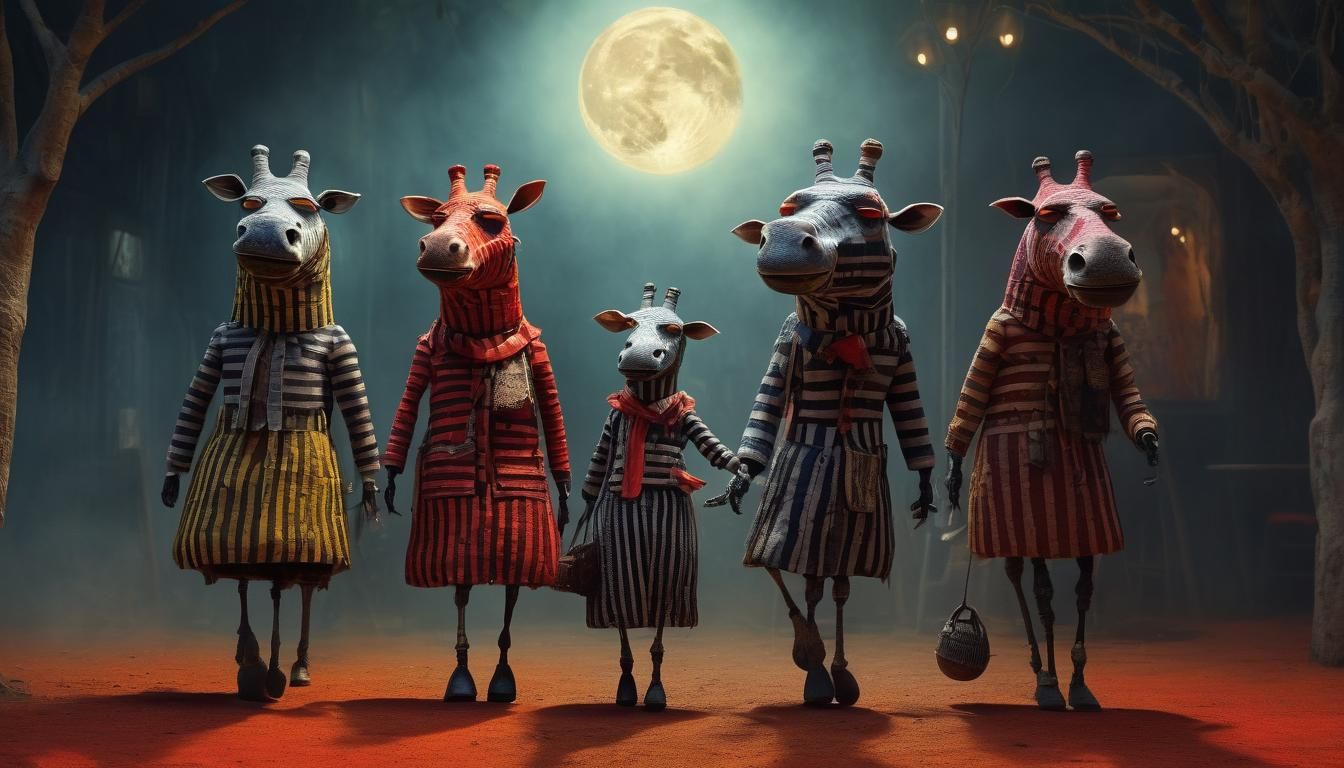 Surreal Scarecrows Greet Women in African Cafe