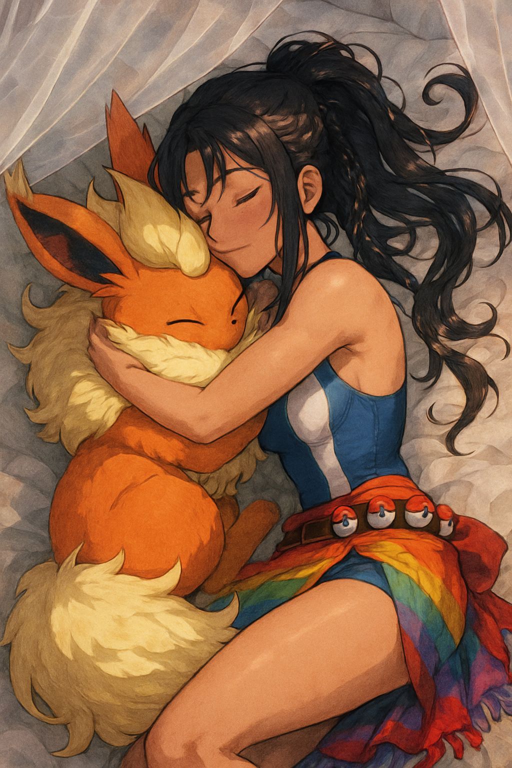 Anime Girl Hugging Flareon in Shimmering Light
