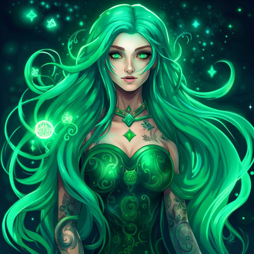 Tattooed Magical Girl in Bioluminescent World