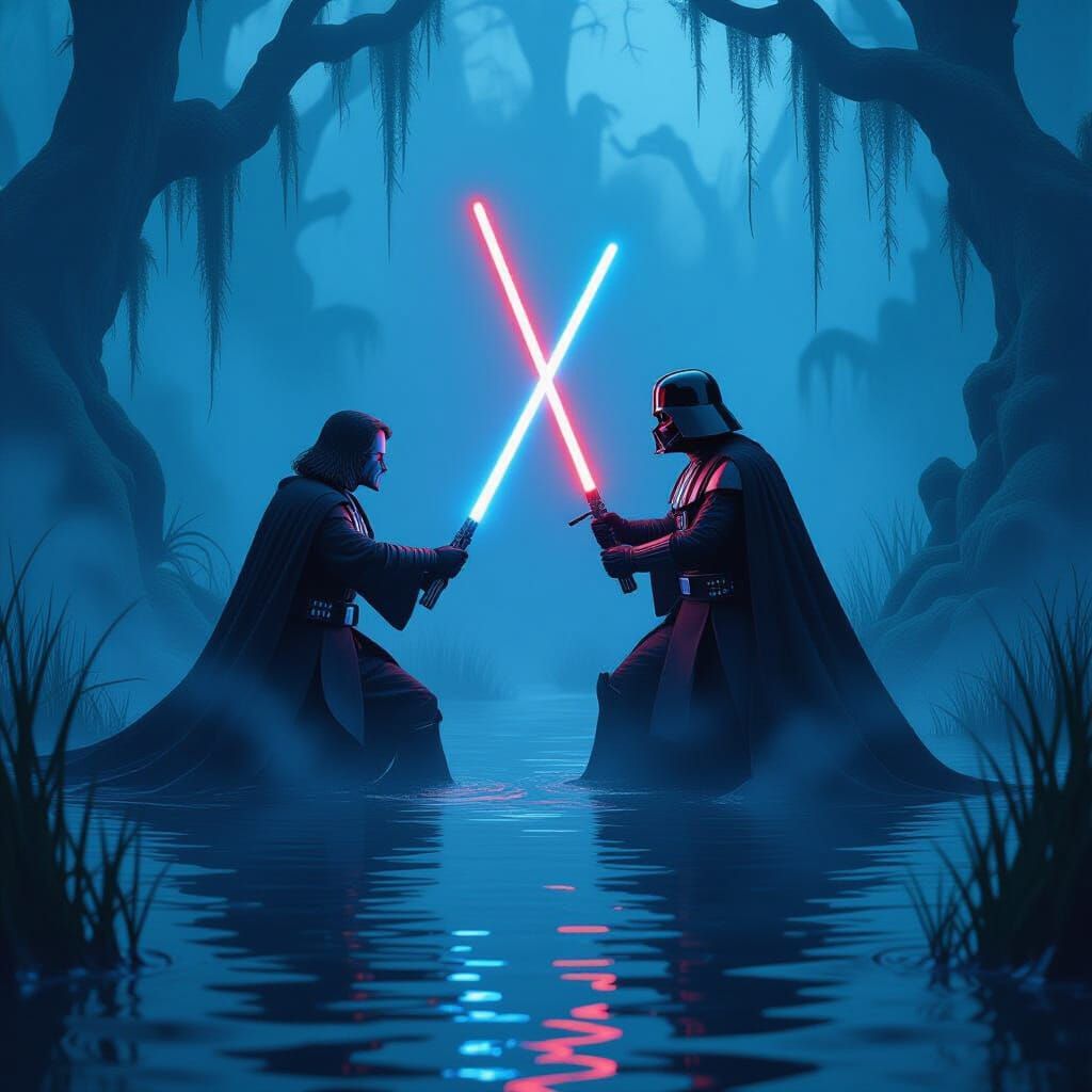 Anakin and Vader Duel in Misty Swamp