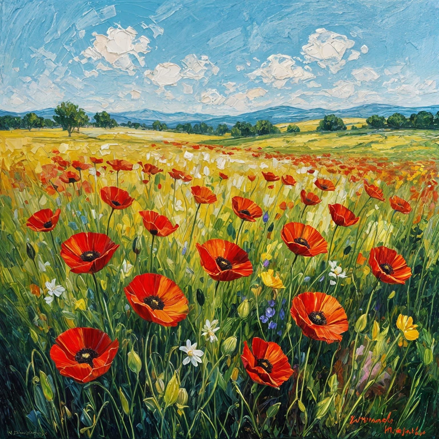 Vibrant Field of Wild Poppies in Neo-Impressionist Style