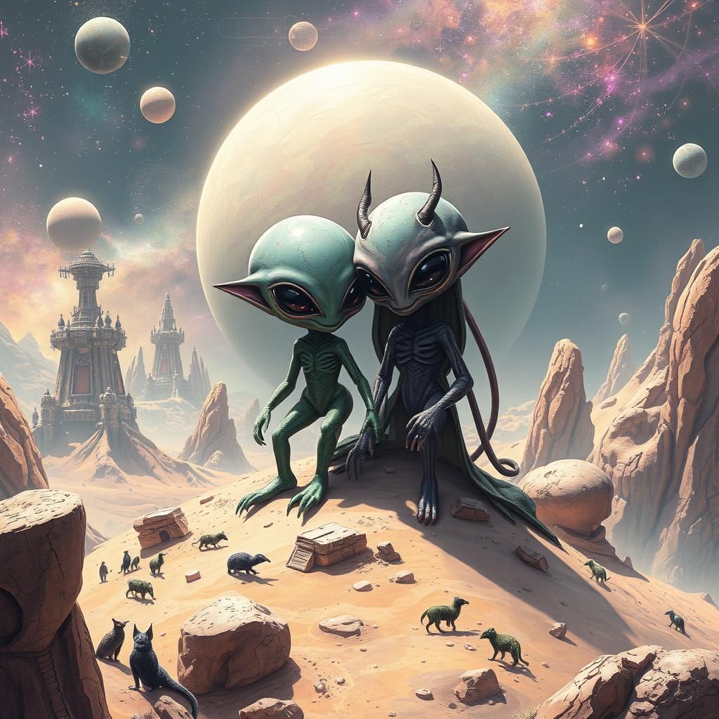 Cute Bauhaus Planet with Menacing Alien Couple