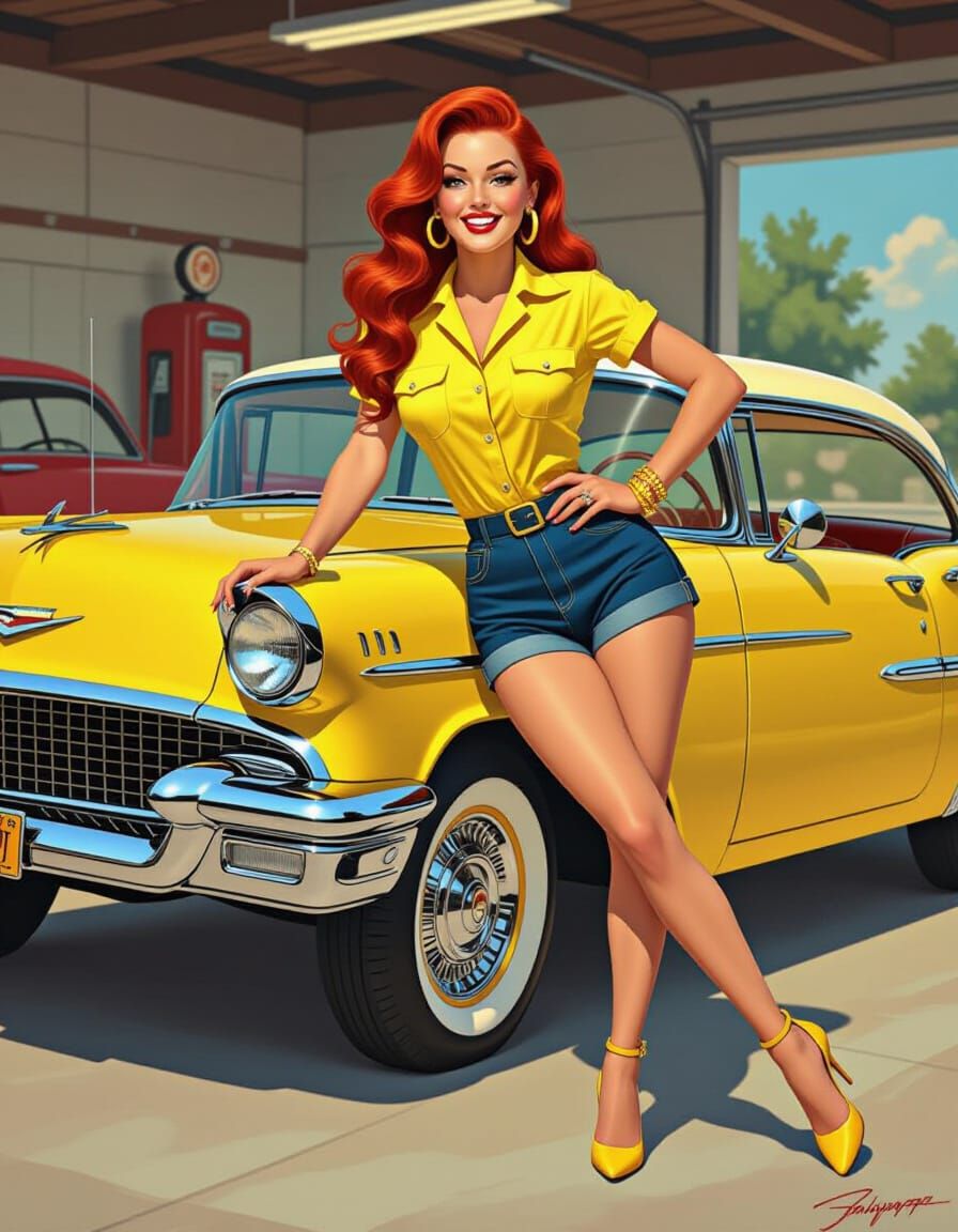 1950s Pin-Up Girl with Classic Chevy Bel Air