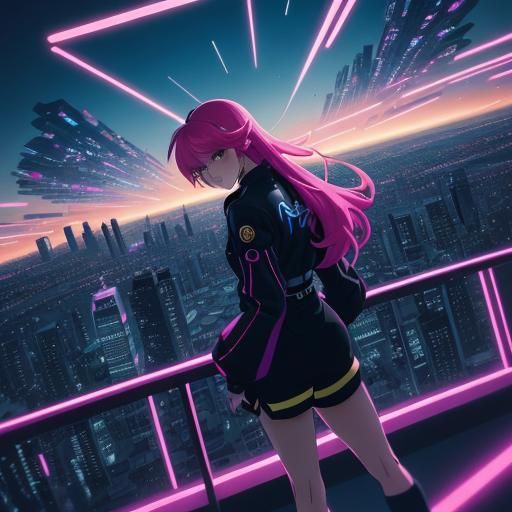 Anime Girl in Futuristic Cityscape at Sunset