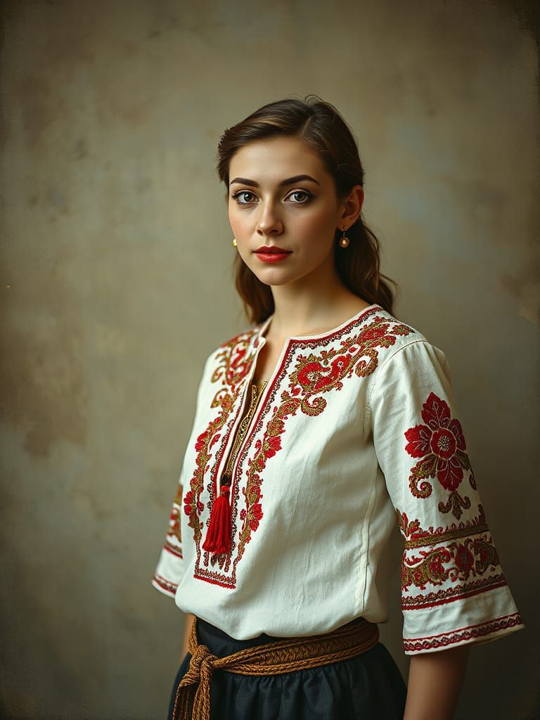 Woman in Traditional Romanian Folk Shirt with Intricate Embr...