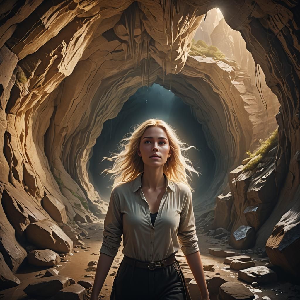 Create a beautiful blonde hair woman floating inside a  stra...