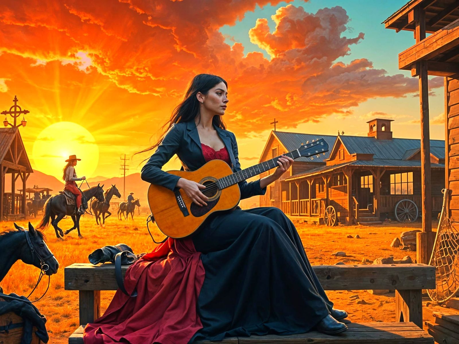 Cinematic Mexican Beauty Plays Guitar in Sunset Glow