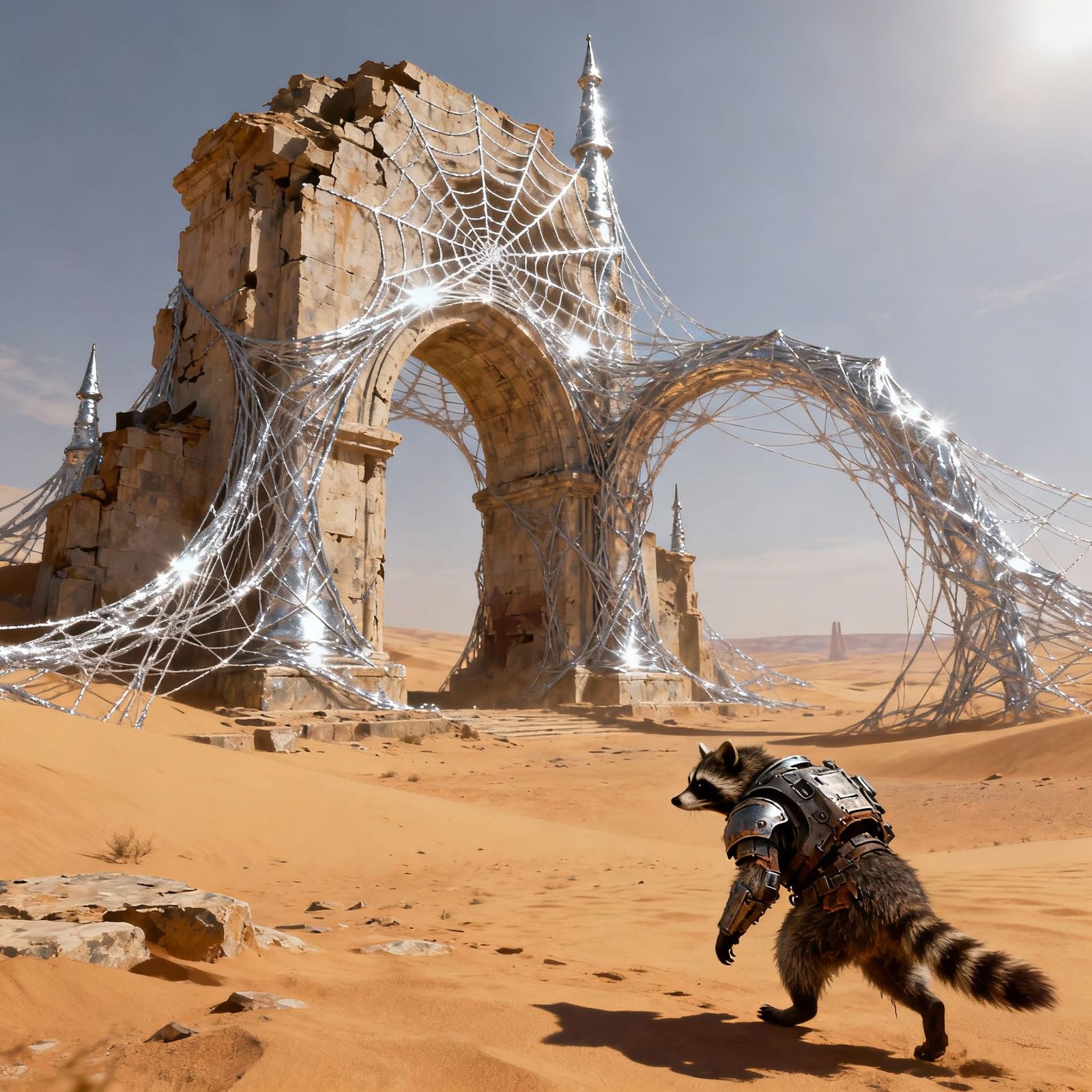 Futuristic Raccoon in Armor Explores Desert Monument