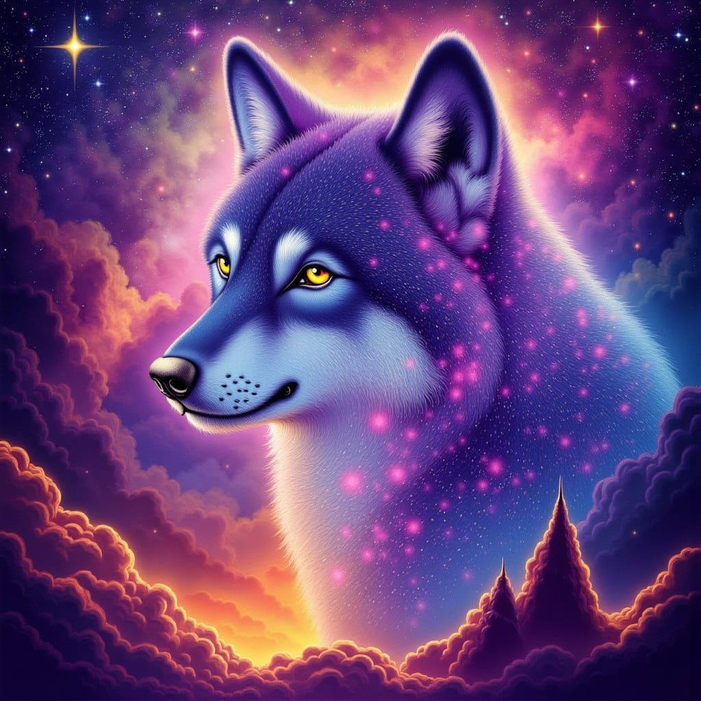 Hyperrealistic Wolf in Psychedelic Cosmic Nebula