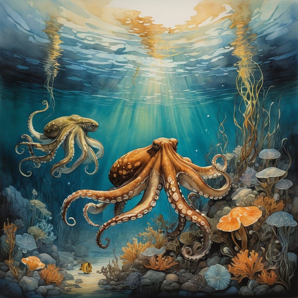 "An underwater scene featuring Octopus and electric eels" a kaleidoscope of light around it. "Both creatures seem to pul...
