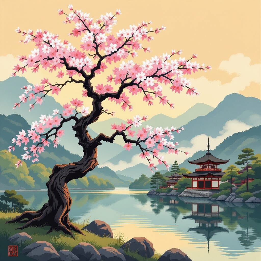 Majestic Sakura Tree in Japanese Woodcut Style