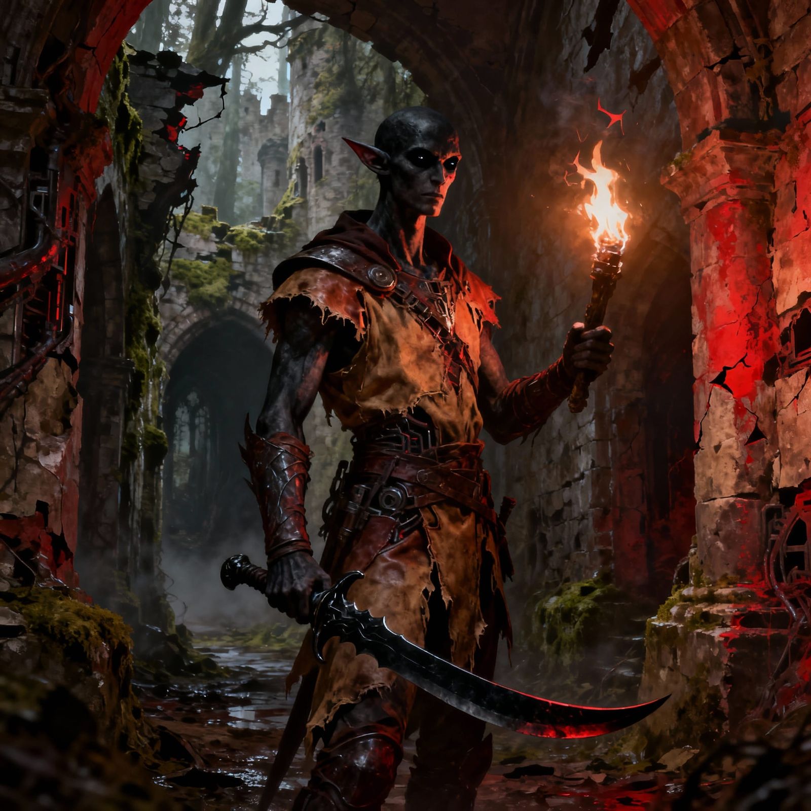 Crimson Elf Warrior in Ruined Castle