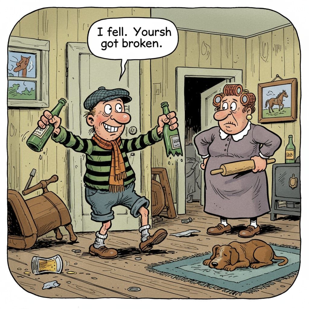 Drunk Andy Capp Comes Home to Flo, Broken Bottle