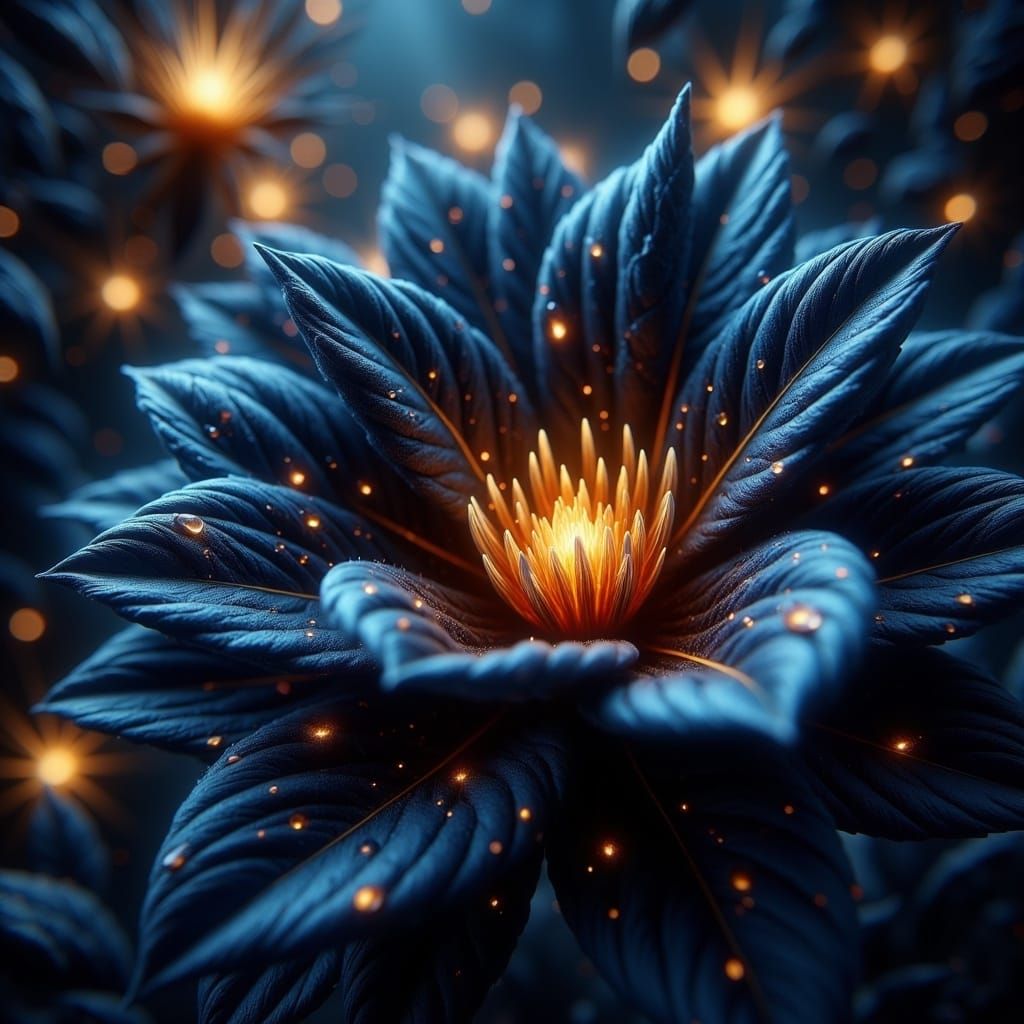 Dark Blue Flower with Golden Bokeh Macro Photography