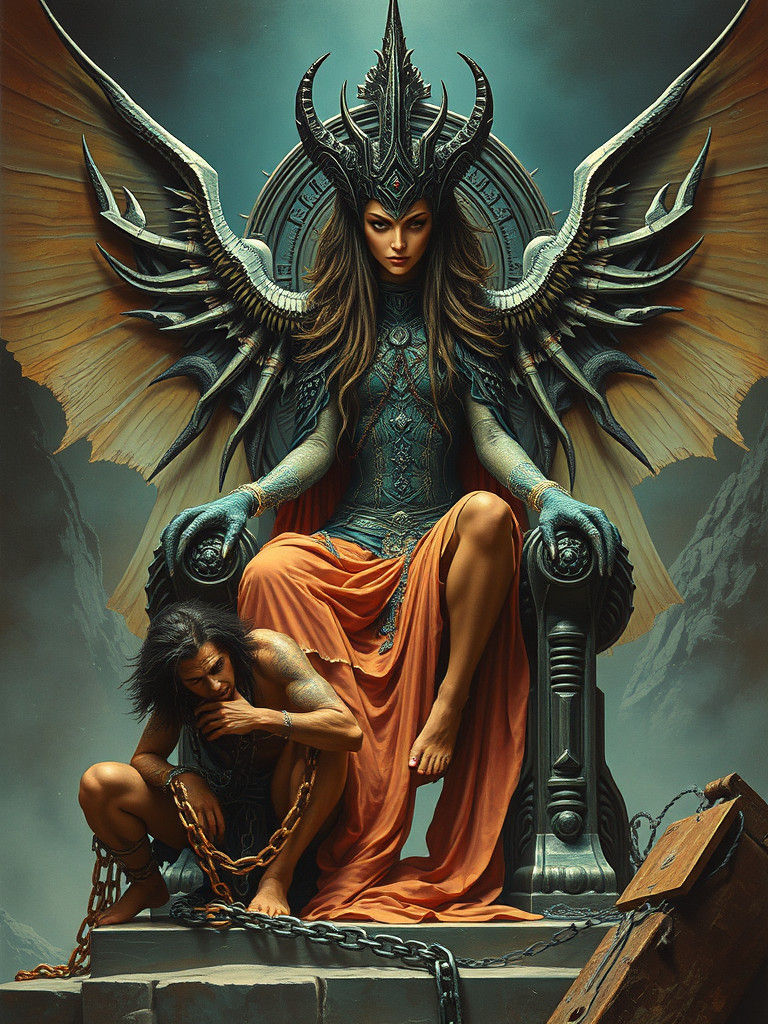 Otherworldly Queen on Throne with Groveling Man