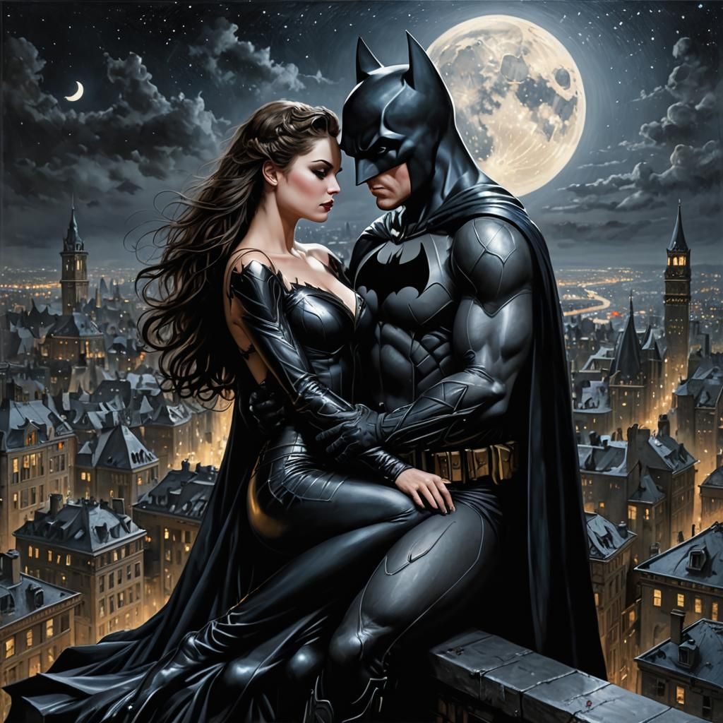 Batman and Catwoman Romantic Rooftop Embrace