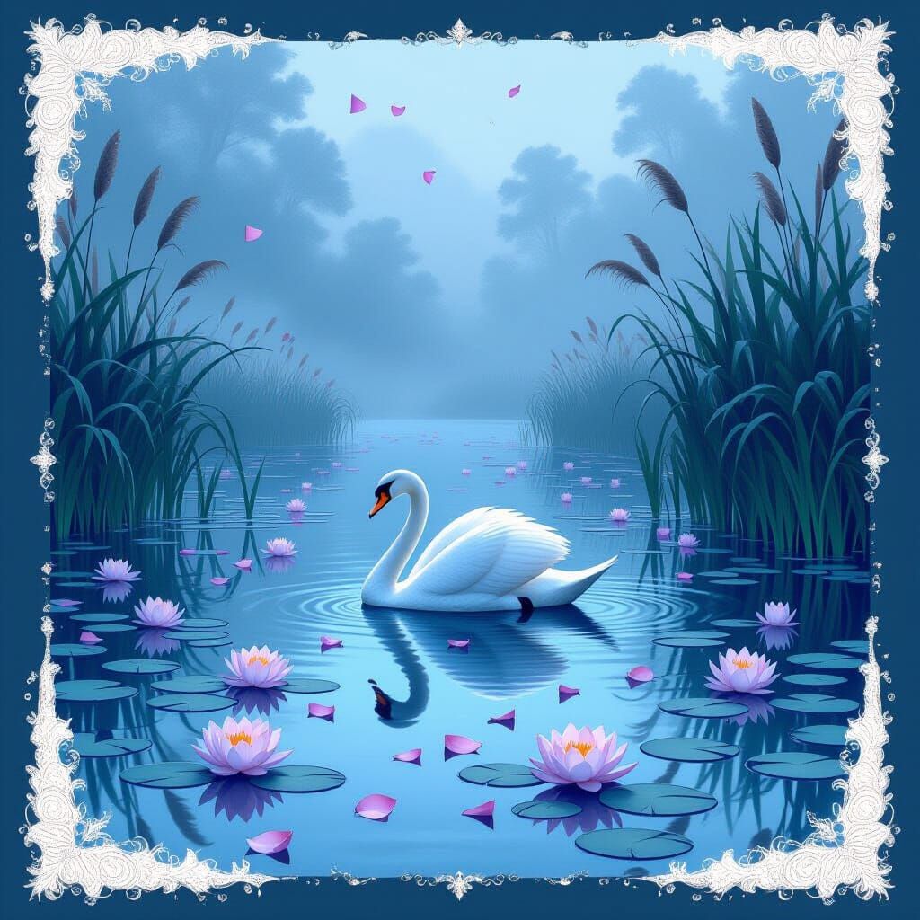 misty morning lake, tall reeds, drifting petals,  regal  swa...