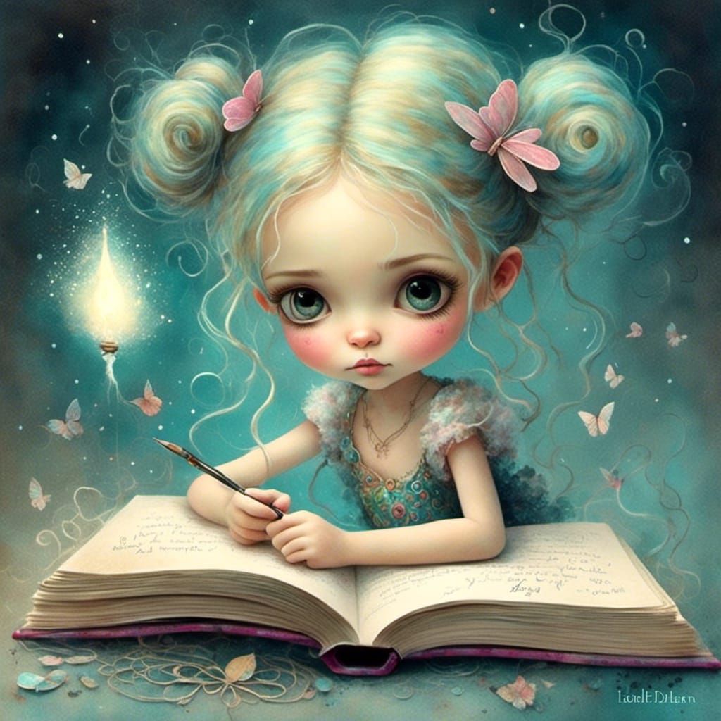 Fairy Girl Writing in Journal, Watercolor Fantasy