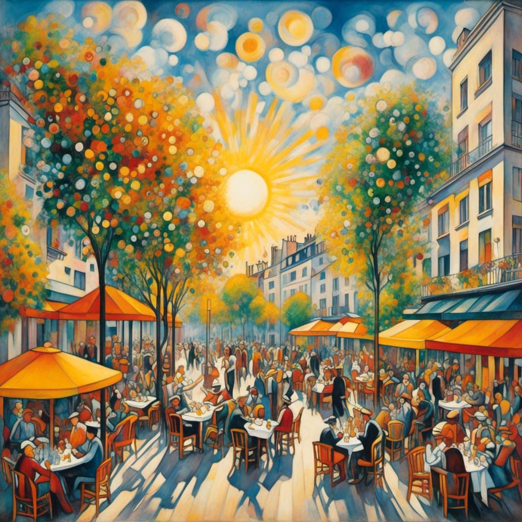 Paris Cafe Terrace in Dadaism Style on Sunny Day