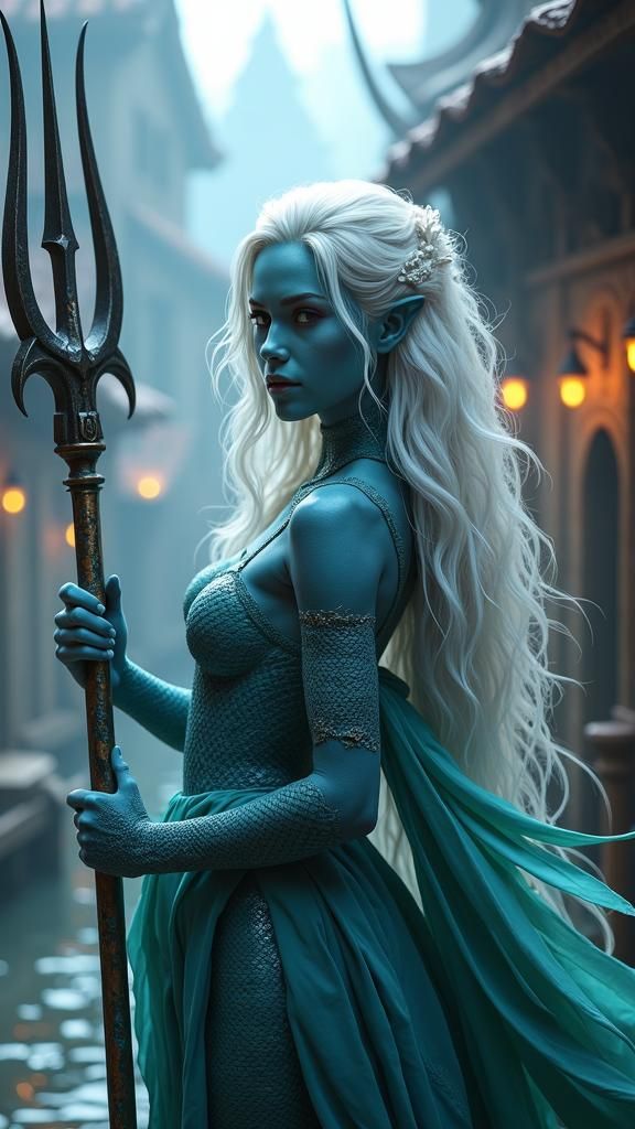 Beautiful Blue Merfolk Portrait in Medieval Town