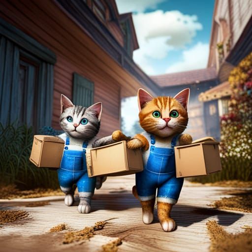 Tabby Cats Moving Boxes: Detailed Matte Painting