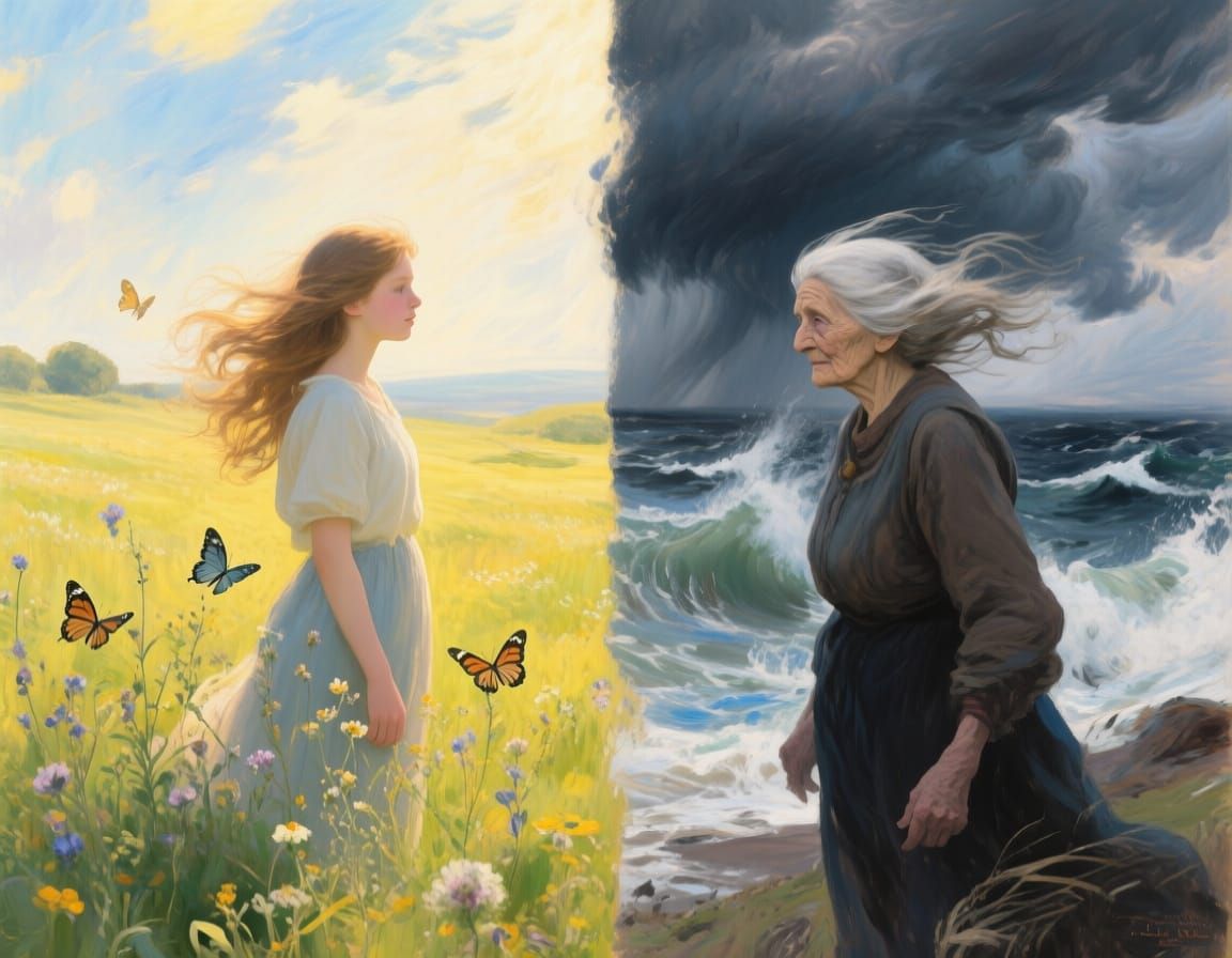 Contrasting Portrait: Meadow and Stormy Sea
