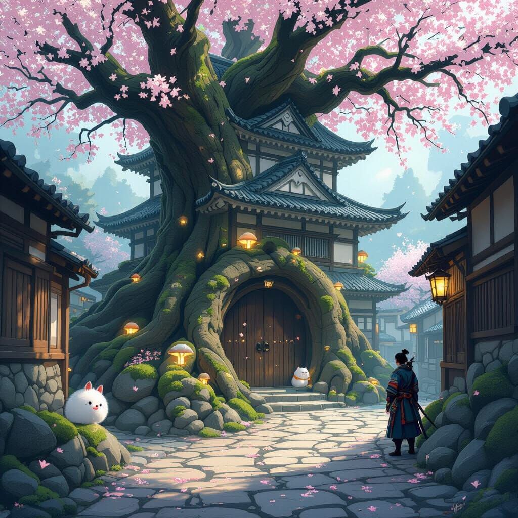 Rustic Osaka Castle Treehouse with Samurai and Glowing Mushr...