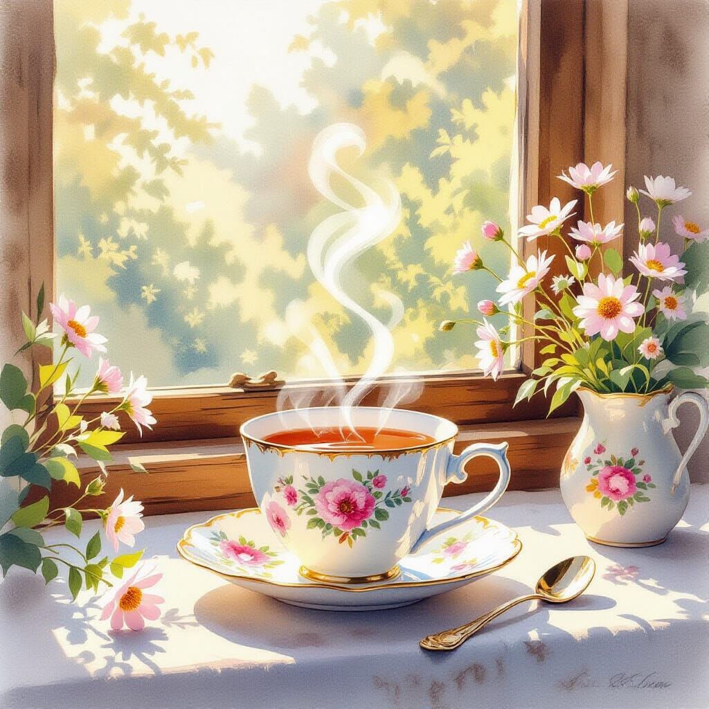 Cozy Morning Teacup With Cat Steam in Watercolor