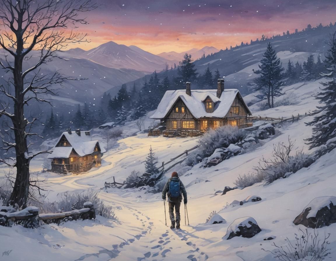 Hiker in Snowstorm: Whimsical Romanticism at Sunset