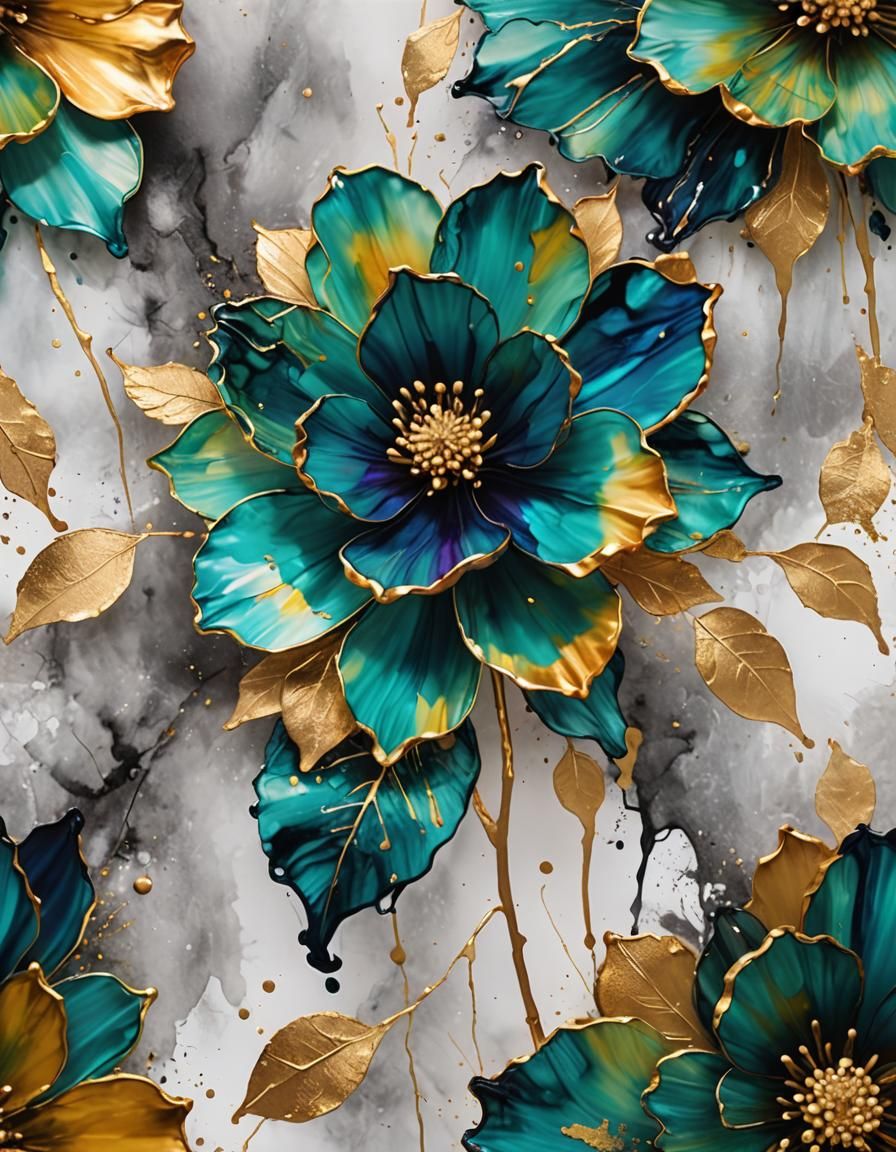 Abstract Flower Painting with Alcohol Ink and Gold