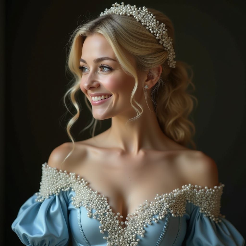 Elegant Blonde Woman in Blue Corset and Pearl Crown