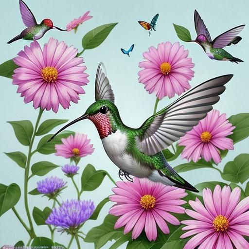 Hummingbird and Bugs Sip Nectar, Anime Style