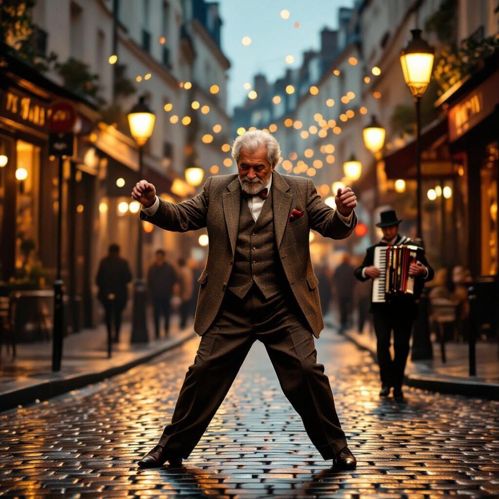 Passionate Tango Dancer Under Parisian Street Lamps