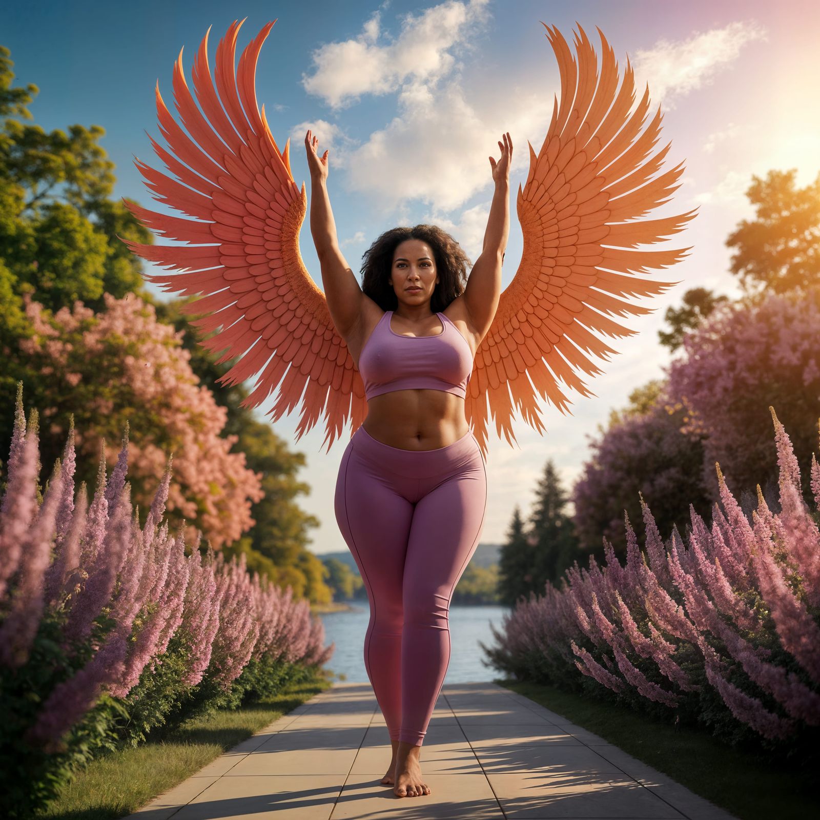 Empowered Woman in Sunlight Among Flowers